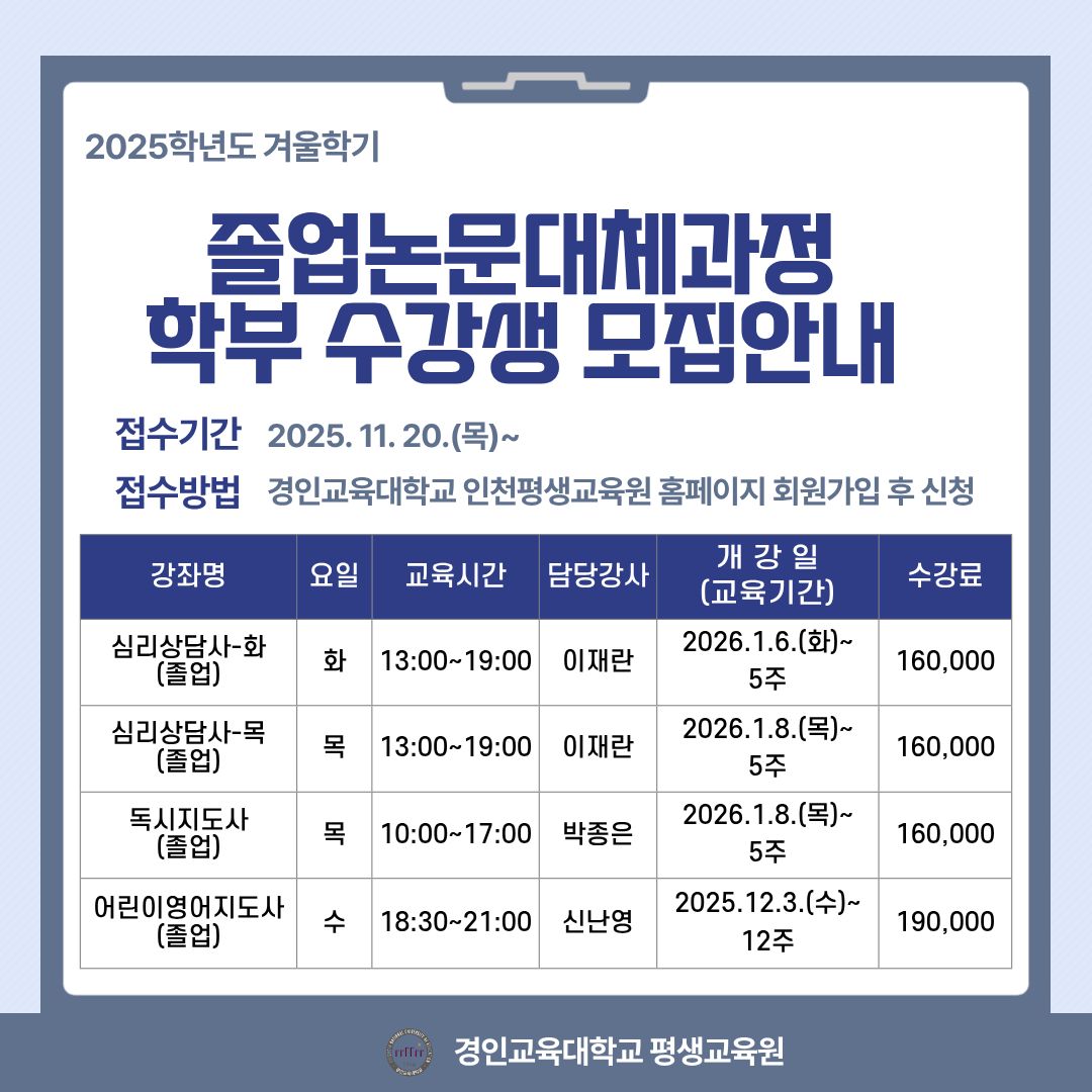 2025학년도 겨울학기 인천평생교육원 졸업논문대체과정 수강생 모집 안내